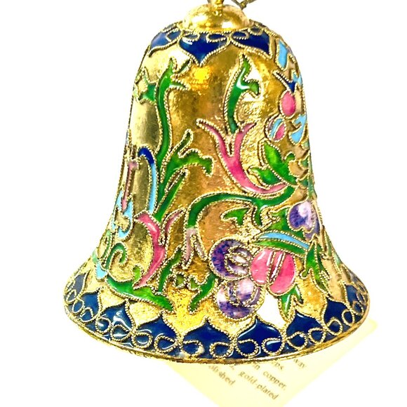 Cloisonne Vintage Bell Openwork Twisted Wire Enamel Navy Pink Brass Ornament - Picture 4 of 7